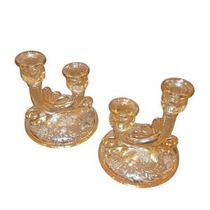 Vintage Jeanette Glass Floragold Louisa Iridescent Double‎ Candlestick Holders